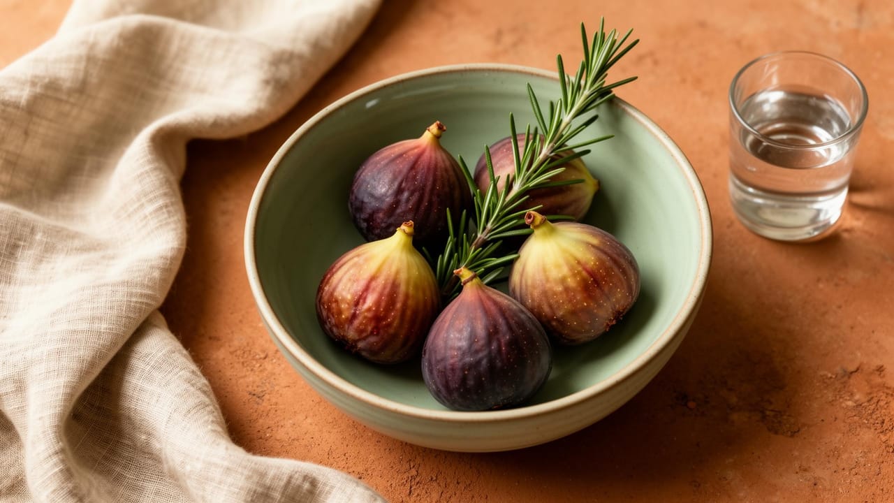 A bowl of figs, rosemary, and water on a warm earthen surface