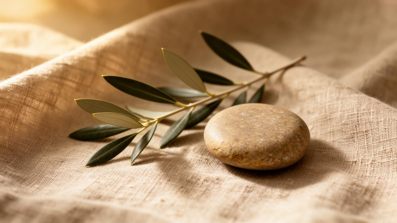 Olive branch and stone resting on natural linen